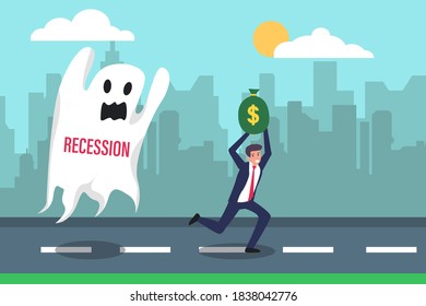 Recession vector concept: Businessman runaway from a ghost with recession text while carrying a money bag