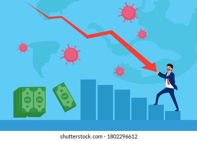 Recession vector concept: businessman wearing a face mask while restraining the business arrow chart over blue world map background