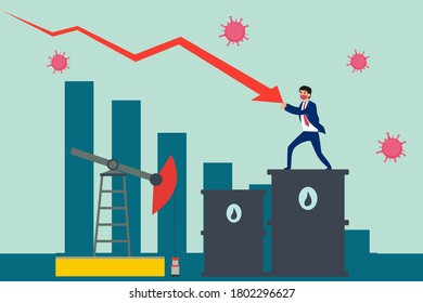 Recession vector concept: businessman wearing a face mask while restraining the business arrow chart on the oil refinement plant