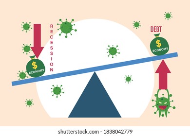 Recession vector concept: Coronavirus making unbalance economy bag by pushing  down recession and rising the debt