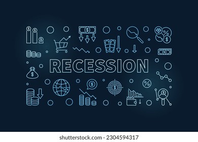 Banner azul horizontal vector recesión. Ilustración del concepto de crisis financiera con un fondo oscuro