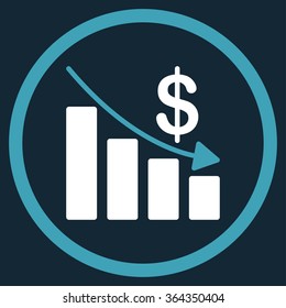 Recession vector icon. Style is bicolor flat circled symbol, blue and white colors, rounded angles, dark blue background.