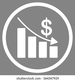 Recession vector icon. Style is flat circled symbol, white color, rounded angles, gray background.