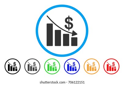 Recession vector rounded icon. Image style is a flat gray icon symbol inside a blue circle. Additional color variants are gray, black, blue, green, red, orange.