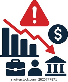 Recession warning icon with declining bar chart and exclamation mark alert symbol. Solid filled vector illustration for financial crisis and downturn