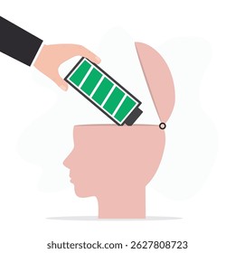 Recarregue o cérebro. Mão humana insere bateria gigante no cérebro. Reinicie sua consciência, proteja-se do esgotamento no trabalho. Alivia a fadiga e a exaustão. ilustração de vetor plana