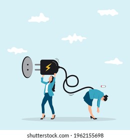 Recharge Energy To Exhausted Fatigue Office Employee, Refresh From Overworked Or Burn Out Concept, Business Woman Manager Holding Huge Electric Plug To Recharge Low Battery Exhausted Worker.