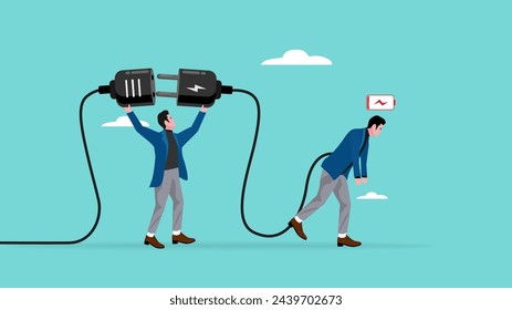 recharge energy or restore enthusiasm for work, refreshing from overwork or tiring activities, businessman connects electrical plug to power source to recharge low battery exhausted businessman worker