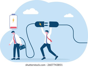 recharge energy or restore enthusiasm for work, refreshing from overwork or tiring activities, businessman connects electrical plug to power source to recharge low battery exhausted businessman worker