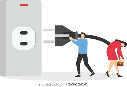 Recharge energy or restore enthusiasm for work, refreshing from overwork or tiring activities, businessman connects electrical plug to power source to recharge low battery exhausted businessman worker