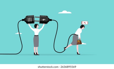recharge energy or restore enthusiasm for work, refreshing from overwork or tiring activities, woman connects electrical plug to power source to recharge low battery exhausted woman worker