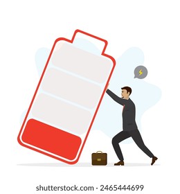 Recharge energy yourself. Hard work, overworked man. Fight burnout at work. Intolerance to burnout syndrome. Male employee trying to prevent large low battery from falling over it. Vector illustration