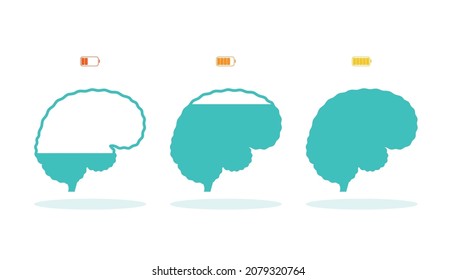 Recharge human brain. Vector illustration in flat design. Full, half full, empty battery energy in human mind concept. 