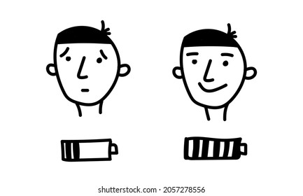 Recharge human. Cartoon man before and after, sick and healthy, bad and good mood. Vector