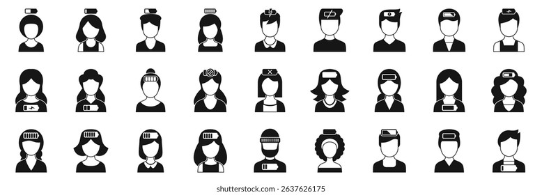  Recharge human icons set. Collection of diverse people with low battery indicators, symbolizing exhaustion, fatigue, and burnout