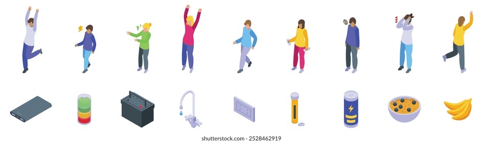 Recharge human icons set. People demonstrating their energy levels, from very energetic to completely exhausted, and different ways to restore energy level