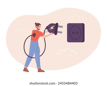 Recharge man concept. Tired worker charging energy electric plug before or after work, happy weak employee charge full life power energize efficiency business vector illustration