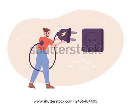 Recharge man concept. Tired worker charging energy electric plug before or after work, happy weak employee charge full life power energize efficiency business vector illustration