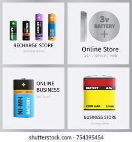 Recharge online business store elements banners set. Powerful batteries for electronic units with various power capacity. Energy replenishment appliances vector. Galvanic device for power charge.