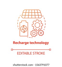 Recharge technology red concept icon. Sun batteries idea thin line illustration. Modern accumulators, power units. Innovative energy source. Vector isolated outline drawing. Editable stroke