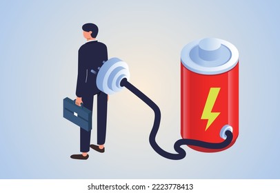 To recharge tired, overworked or overworked employees who lack inspired ideas and energy, equidistant giant electrical plugs to recharge tired business people