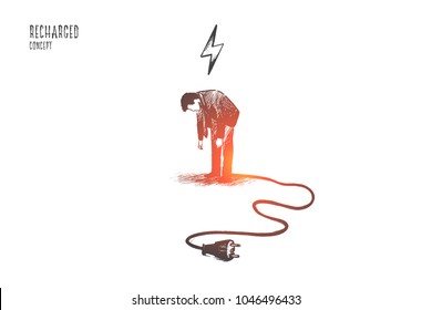 Recharge Trainer Concept. Hand Drawn Discharge Businessman Need To Relax. Person Needs Energy For Success Isolated Vector Illustration.