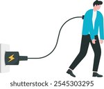 Recharge yourself, refresh or recover after trying, exhausted or burn out, charge full energy or supply motivation concept, exhausted overworked businessman plug electric to recharge energy.

