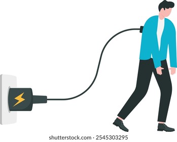 Recargarse, refrescarse o recuperarse después de probar, agotado o quemarse, Recargo de energía completa o concepto de motivación de suministro, agotado empresario sobrecargado enchufe eléctrico para recargar energía.

