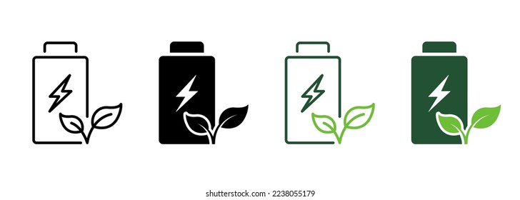 Rechargeable Accumulator with Leaf and Lightning Line and Silhouette Icon Set. Renewable Battery Pictogram. Eco Green Energy Symbol Collection on White Background. Isolated Vector Illustration.