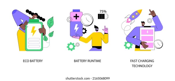 Rechargeable battery abstract concept vector illustration set. Eco battery runtime, fast charging technology, energy capacity, storage technology, environmentally friendly solution abstract metaphor.