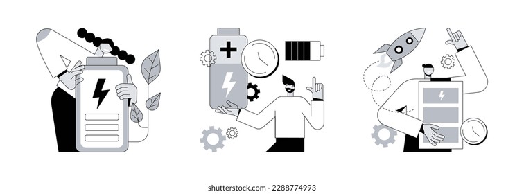 Rechargeable battery abstract concept vector illustration set. Eco battery runtime, fast charging technology, energy capacity, storage technology, environmentally friendly solution abstract metaphor.