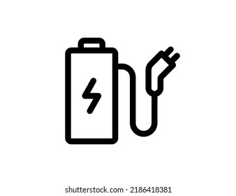 Rechargeable battery with cord and electric charging connector linear black icon. Accumulator charger plug symbol. Electricity equipment power bank charge sign. Vector eps design element