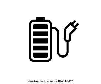 Rechargeable battery with cord and electric charging connector linear icon. Accumulator charger plug black symbol. Electricity equipment power bank charge sign. Fully charged electro element. Vector