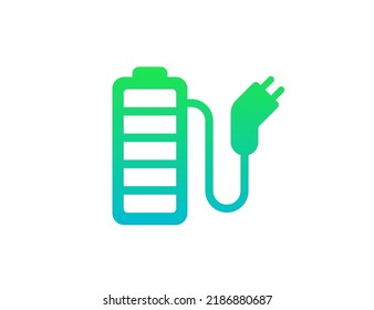 Rechargeable battery with cord and electric charging connector icon. Accumulator charger plug green gradient symbol. Electricity equipment power bank charge sign. Fully charged electro element. Vector