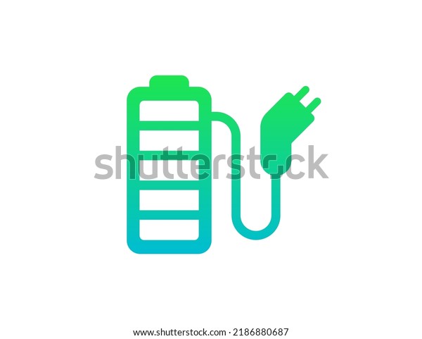 Rechargeable battery with cord and electric\
charging connector icon. Accumulator charger plug green gradient\
symbol. Electricity equipment power bank charge sign. Fully charged\
electro element.\
Vector