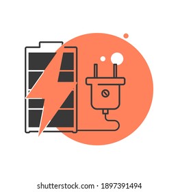 Akku mit Elektrostecker-Symbol wiederaufladen. Flacher Stil. Einzeln. 
