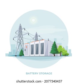 Rechargeable battery energy storage stationary for renewable power plant with high voltage electricity distribution transmission grid pylons. Isolated vector illustration on white background.