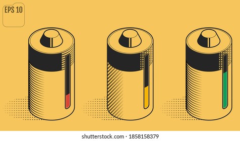 Rechargeable battery. Environmental battery. Isometric. Set.