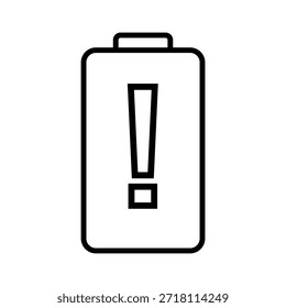 Ícone de bateria recarregável com um ponto de exclamação de aviso. Vetor minimalista para problemas técnicos.
