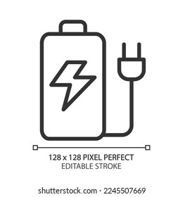 Wiederaufladbare Akkupixel perfekte Linearsymbol. Energiespeicher. Tragbarer Stromspeicher. Stromquelle. Dünne Illustration. Contour-Symbol. Vektorgrafik-Zeichnung. Bearbeitbarer Hub