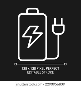Rechargeable battery pixel perfect white linear icon for dark theme. Energy accumulator. Portable power storage. Thin line illustration. Isolated symbol for night mode. Editable stroke