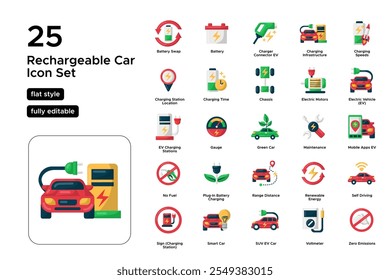 Rechargeable Car Flat Icon Set: Electric Batteries, Charging Stations, and Clean Energy Vehicles Icons