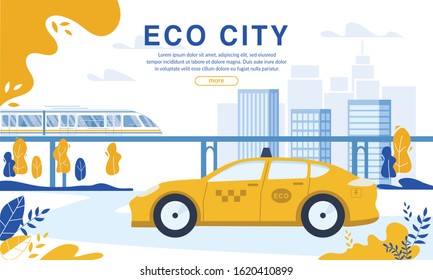 Rechargeable Electric Eco Taxi Cab and Train on Magnetic Pad Order. Webpage Banner Booking Service Uber Application. Green Energy Usage for Environment Protection. Modern Ecological City