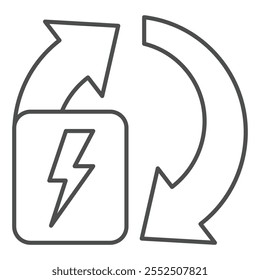 Rechargeable electricity thin line icon, Renewable energy concept. Vector graphics. Arrows with button sign on white background, outline style icon for mobile or web design