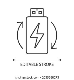 Rechargeable lithium ion battery linear manual label icon. Thin line customizable illustration. Contour symbol. Vector isolated outline drawing for product use instructions. Editable stroke
