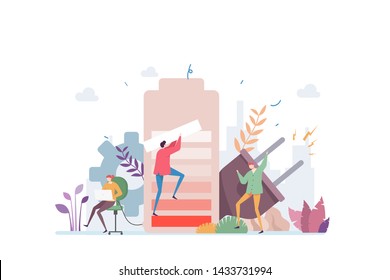 Recharging Activity Vector Illustration Concept Showing Busineman Putting A Bar In A Big Battery, Suitable for landing page, ui, web, App intro card, editorial, flyer, and banner.