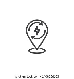 Recharging energy map marker line icon. linear style sign for mobile concept and web design. Location pin with energy recycling arrows outline vector icon. Symbol, logo illustration. Vector graphics