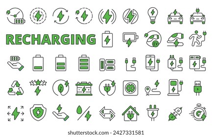 Recharging icons in line design, green. Recharging, battery, icon, charger, power, energy, electric, plug, adapter, station, isolated on white background vector. Recharging editable stroke icons.