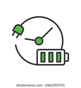 Recharging time, in line design, green. Recharging, time, duration, charge, speed, quick, fast on white background vector. Recharging time editable stroke icon.