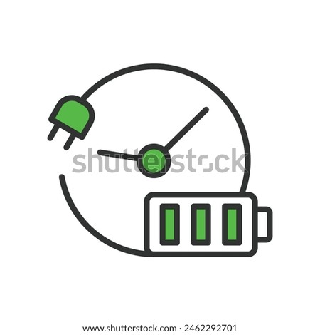 Recharging time, in line design, green. Recharging, time, duration, charge, speed, quick, fast on white background vector. Recharging time editable stroke icon.